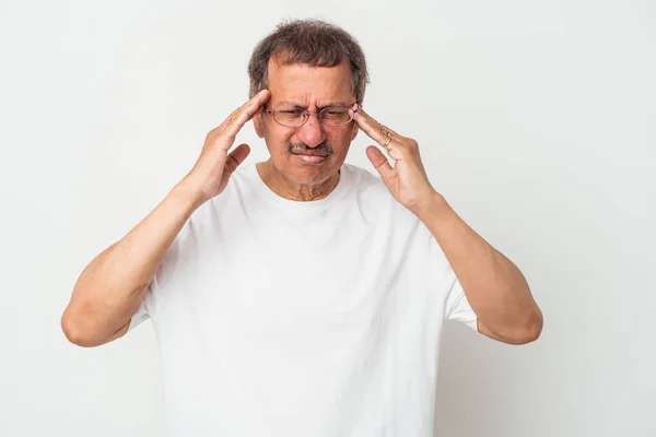 Middle Aged Indian Man Isolated White Background Having Head Ache — Zdjęcie stockowe