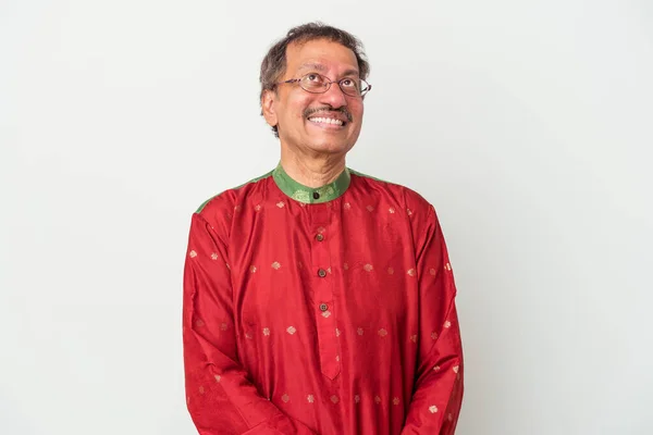 Senior Indian Man Wearing Indian Costume Isolated White Background Dreaming — Foto de Stock