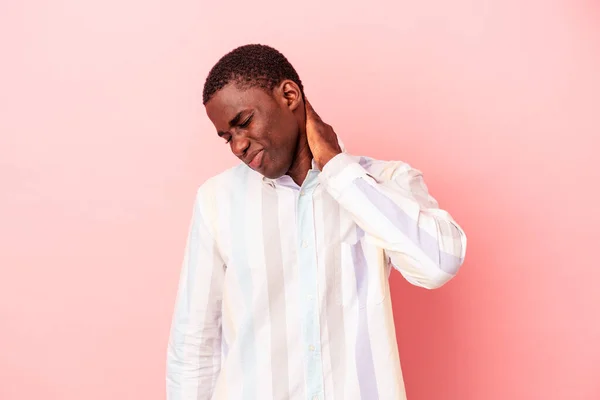 Mladý Africký Američan Izolovaný Růžovém Pozadí Bolestí Krku Důsledku Stresu — Stock fotografie