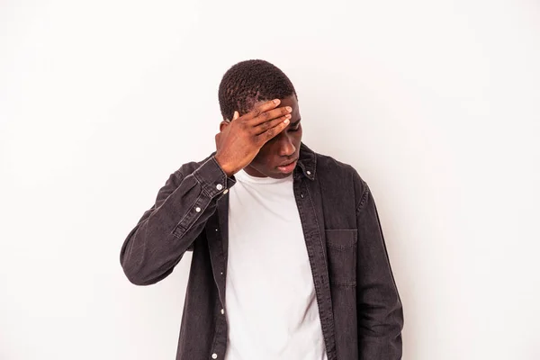 Mladý Africký Američan Izolovaný Bílém Pozadí Bolestí Hlavy Dotýkat Přední — Stock fotografie
