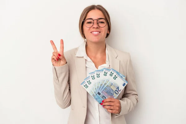 Young Russian Business Woman Holding Banknotes Isolated White Background Showing — Stock Photo, Image