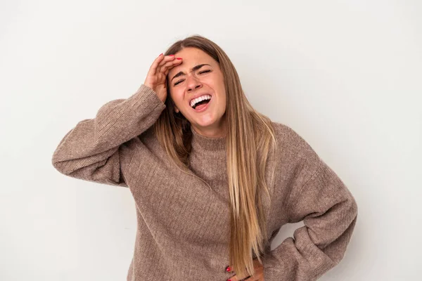 Jovem Mulher Russa Isolada Fundo Branco Rindo Mantendo Mãos Coração — Fotografia de Stock