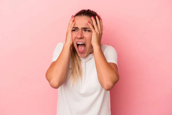 Young Russian Woman Isolated Pink Background Covering Ears Hands Trying — Stock Photo, Image