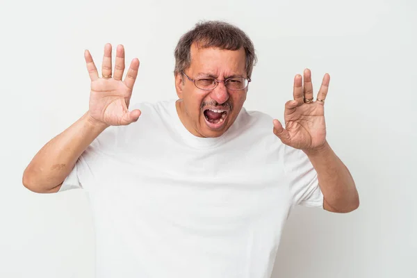 Middle Aged Indian Man Isolated White Background Showing Claws Imitating — 图库照片