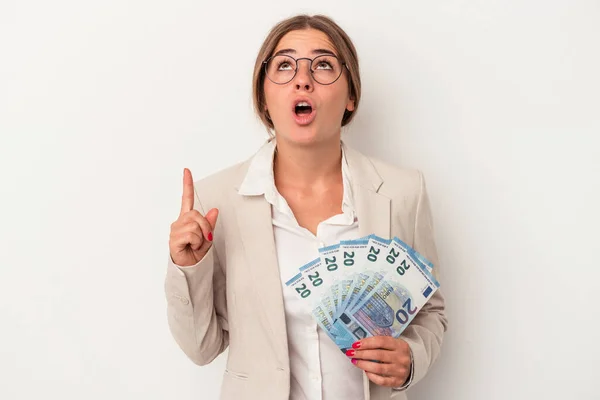 Young Russian Business Woman Holding Banknotes Isolated White Background Pointing — Stock Photo, Image