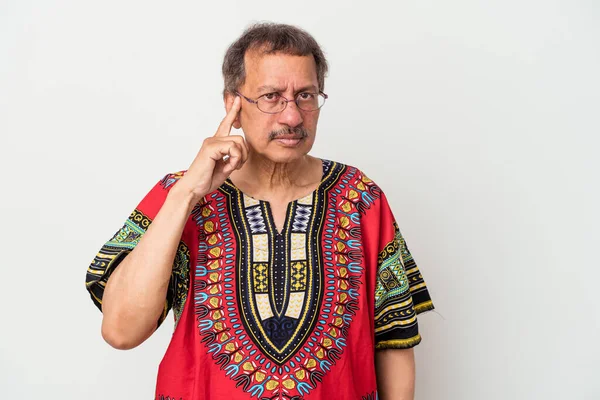 Senior Indian Man Wearing Indian Costume Isolated White Background Pointing — Fotografia de Stock