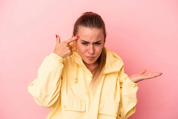 Young Russian Woman Isolated Pink Background Showing Disappointment Gesture Forefinger — Stock Photo, Image