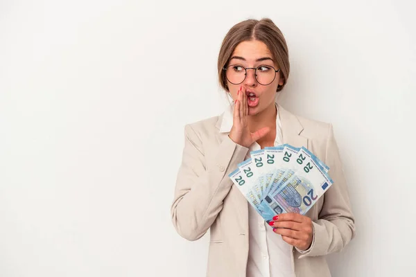 Young Russian Business Woman Holding Banknotes Isolated White Background Saying — Stock Photo, Image