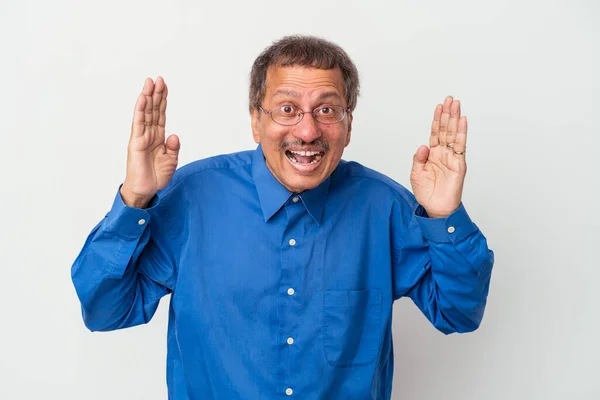 Middle Aged Indian Man Isolated White Background Receiving Pleasant Surprise — 图库照片