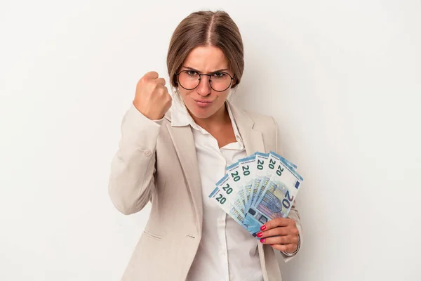 Young Russian Business Woman Holding Banknotes Isolated White Background Showing — Stock Photo, Image