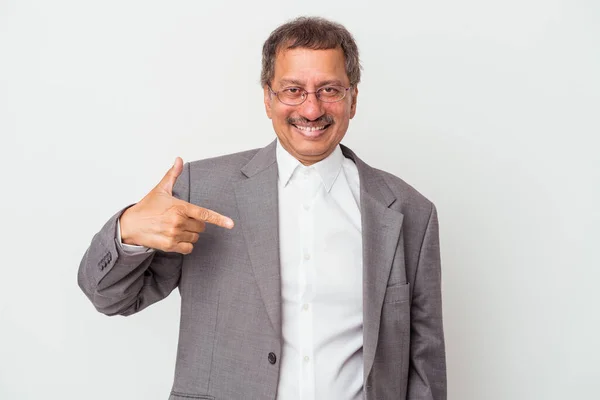 Middle Aged Indian Business Man Isolated White Background Person Pointing — Stockfoto