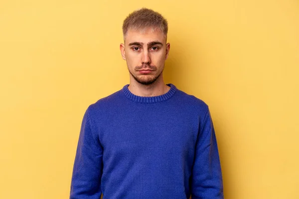 Young Caucasian Man Isolated Yellow Background Sad Serious Face Feeling — Stock Photo, Image