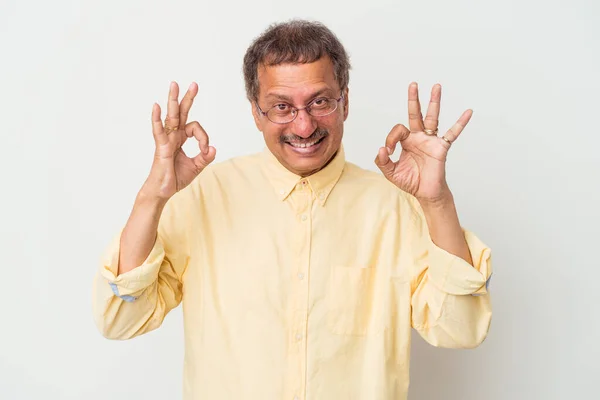 Middle Aged Indian Man Isolated White Background Cheerful Confident Showing —  Fotos de Stock