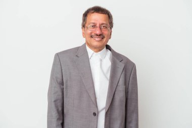 Middle aged indian business man isolated on white background happy, smiling and cheerful.