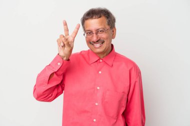 Middle aged indian man isolated on white background showing number two with fingers.