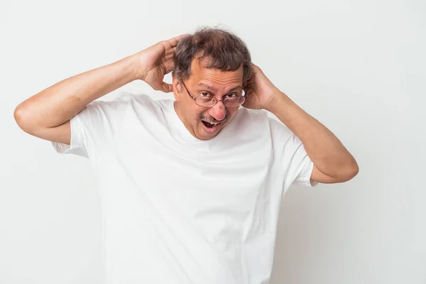 Middle Aged Indian Man Isolated White Background Screaming Very Excited — 图库照片