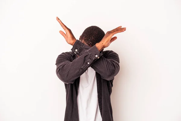 Young African American Man Isolated White Background Keeping Two Arms — Stock Photo, Image