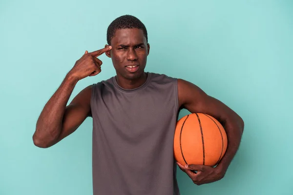 Young African American Man Playing Basketball Isolated Blue Background Showing — Stock Photo, Image