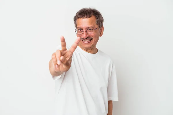 Middle Aged Indian Man Isolated White Background Joyful Carefree Showing — Stock Fotó