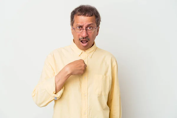 Middle Aged Indian Man Isolated White Background Surprised Pointing Finger — Stockfoto