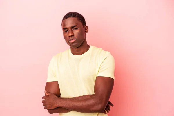 Young African American Man Isolated Pink Background Unhappy Looking Camera — ストック写真