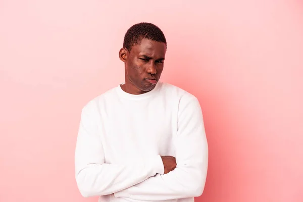 Young African American Man Isolated Pink Background Unhappy Looking Camera — Stock Photo, Image