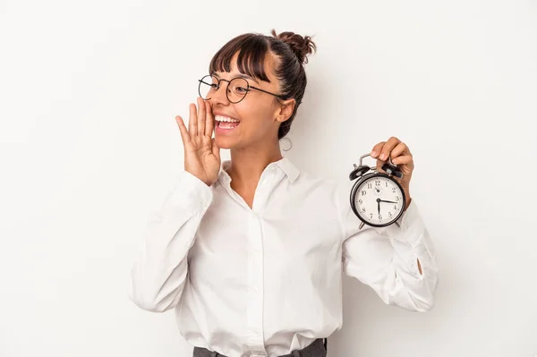 Young Mixed Race Business Woman Holding Alarm Clock Isolated White — Stock Photo, Image