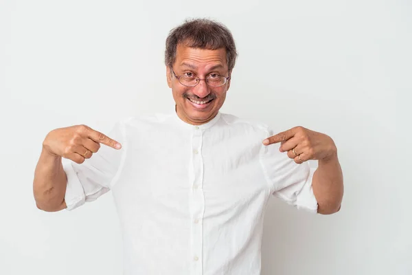 Middle Aged Indian Man Isolated White Background Surprised Pointing Finger — Stockfoto