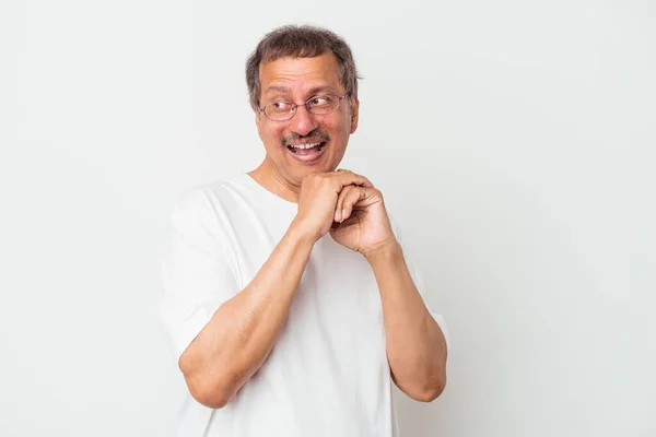 Middle Aged Indian Man Isolated White Background Praying Luck Amazed — Stockfoto