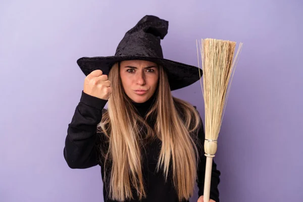 Young Russian Woman Disguised Witch Holding Broom Isolated Purple Background — Stock Photo, Image