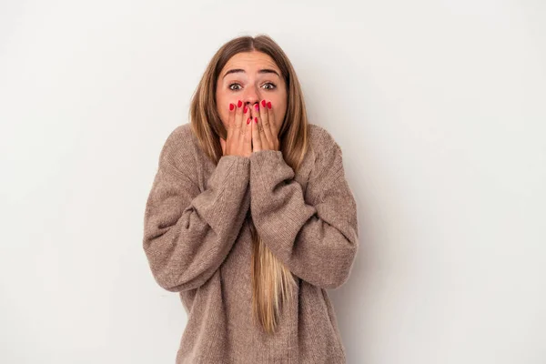 Jonge Russische Vrouw Geïsoleerd Witte Achtergrond Bidden Tonen Devotie Religieuze — Stockfoto