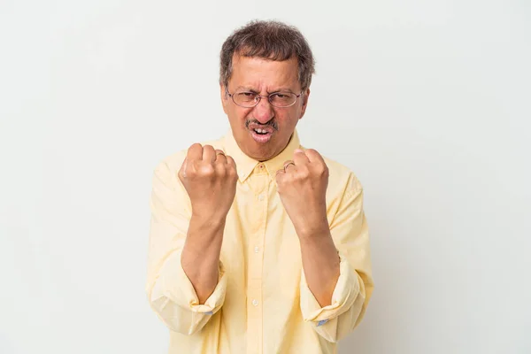 Middle Aged Indian Man Isolated White Background Showing Fist Camera — 图库照片