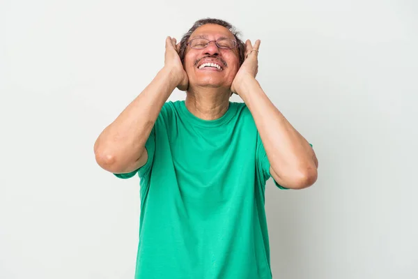 Middle Aged Indian Man Isolated White Background Laughs Joyfully Keeping — Zdjęcie stockowe