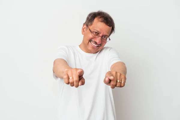 Middle Aged Indian Man Isolated White Background Pointing Front Fingers — Stockfoto