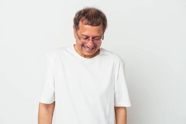 Middle Aged Indian Man Isolated White Background Laughs Closes Eyes — Foto Stock