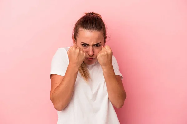 Young Russian Woman Isolated Pink Background Throwing Punch Anger Fighting — Stock Photo, Image