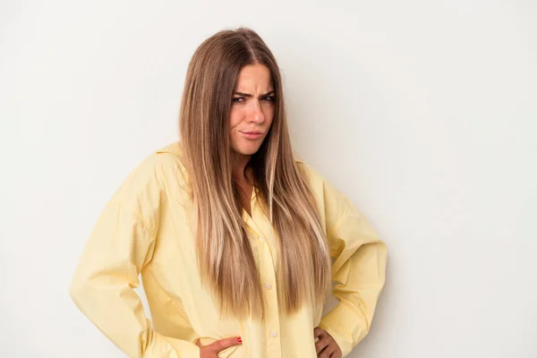 Young Russian Woman Isolated White Background Frowning Face Displeasure Keeps — Stock Photo, Image