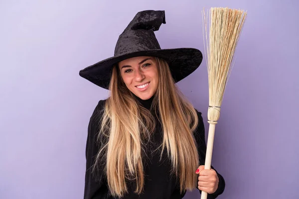 Young Russian Woman Disguised Witch Holding Broom Isolated Purple Background — Stock Photo, Image