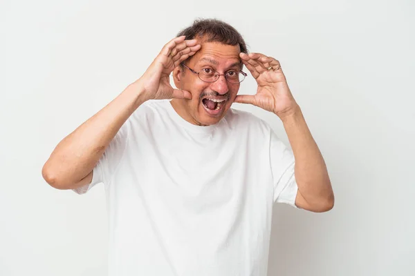 Middle Aged Indian Man Isolated White Background Receiving Pleasant Surprise —  Fotos de Stock