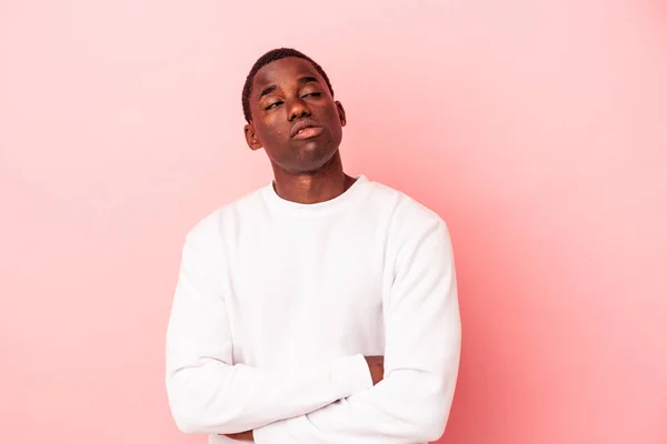 Young African American Man Isolated Pink Background Tired Repetitive Task — Stock Photo, Image