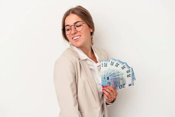 Young Russian Business Woman Holding Banknotes Isolated White Background Looks — Stock Photo, Image