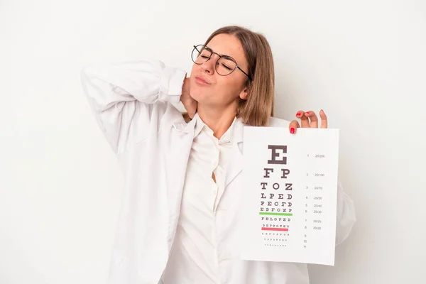 Jeune Optométriste Russe Isolée Sur Fond Blanc Touchant Arrière Tête — Photo