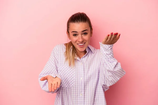 Young Russian Woman Isolated Pink Background Showing Okay Sign Eyes — Stock Photo, Image