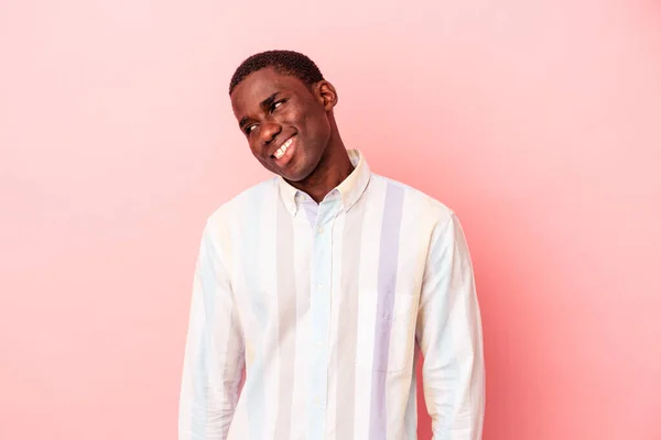 Young African American Man Isolated Pink Background Laughs Closes Eyes — Stock Photo, Image