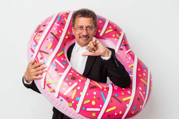 Senior Indian Business Man Holding Inflatable Donut Isolated White Background — 图库照片