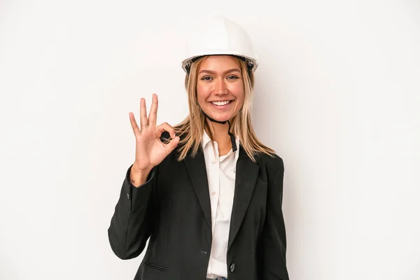 Young Caucasian Architect Woman Wearing Helmet Isolated White Background Cheerful — Stockfoto