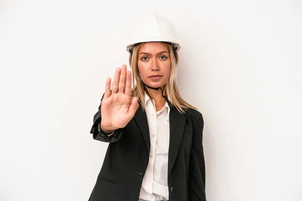 Young Caucasian Architect Woman Wearing Helmet Isolated White Background Standing — Fotografia de Stock