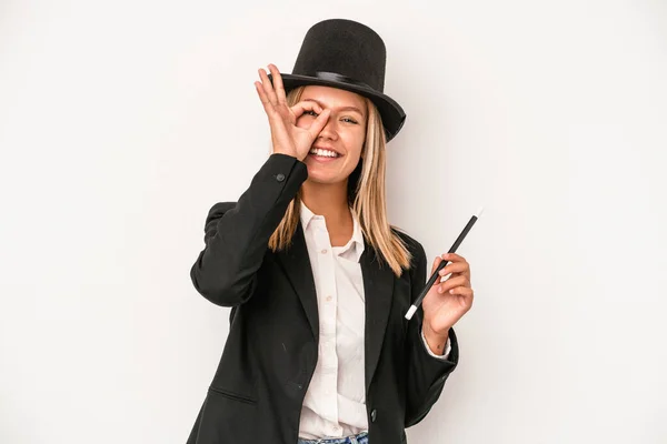 Young Caucasian Wizard Woman Holding Wand Isolated White Background Excited — Stockfoto