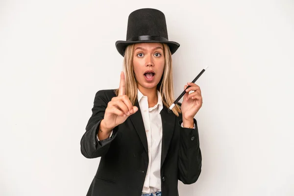 Young Caucasian Wizard Woman Holding Wand Isolated White Background Having — Stock fotografie