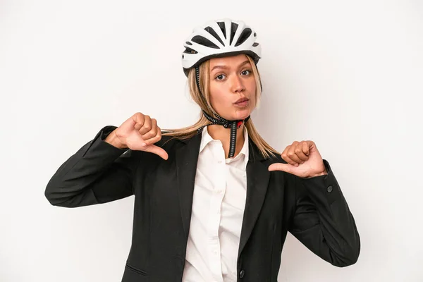 Young Caucasian Business Woman Wearing Bike Helmet Isolated White Background — Photo